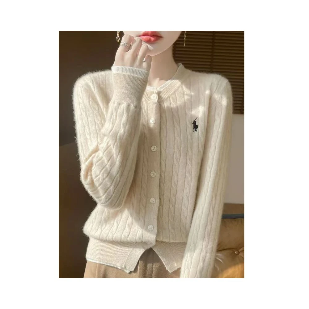 100%羊毛衫刺绣女假两件时尚百搭秋冬针织开衫毛衣长袖宽松