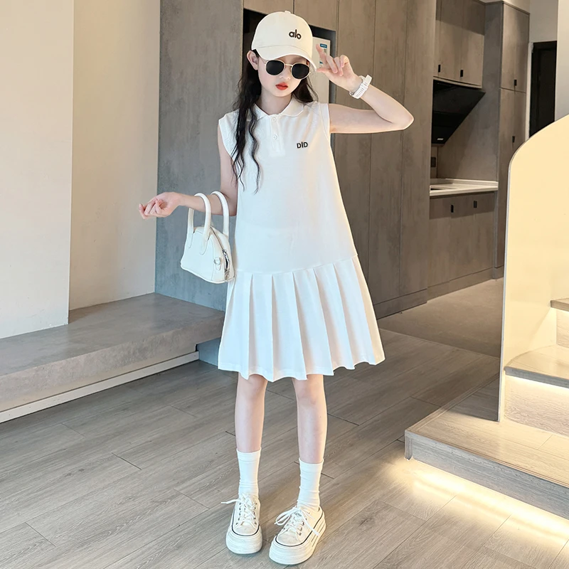 女童新款夏装POLO裙2025韩版时尚休闲运动风T型百褶裙无袖连衣裙