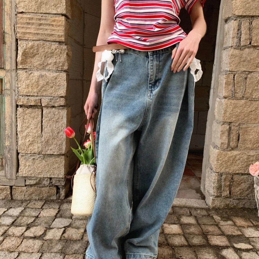 制造后花园*twilight系列复古时髦做旧水洗牛仔裤长腿显瘦阔腿裤