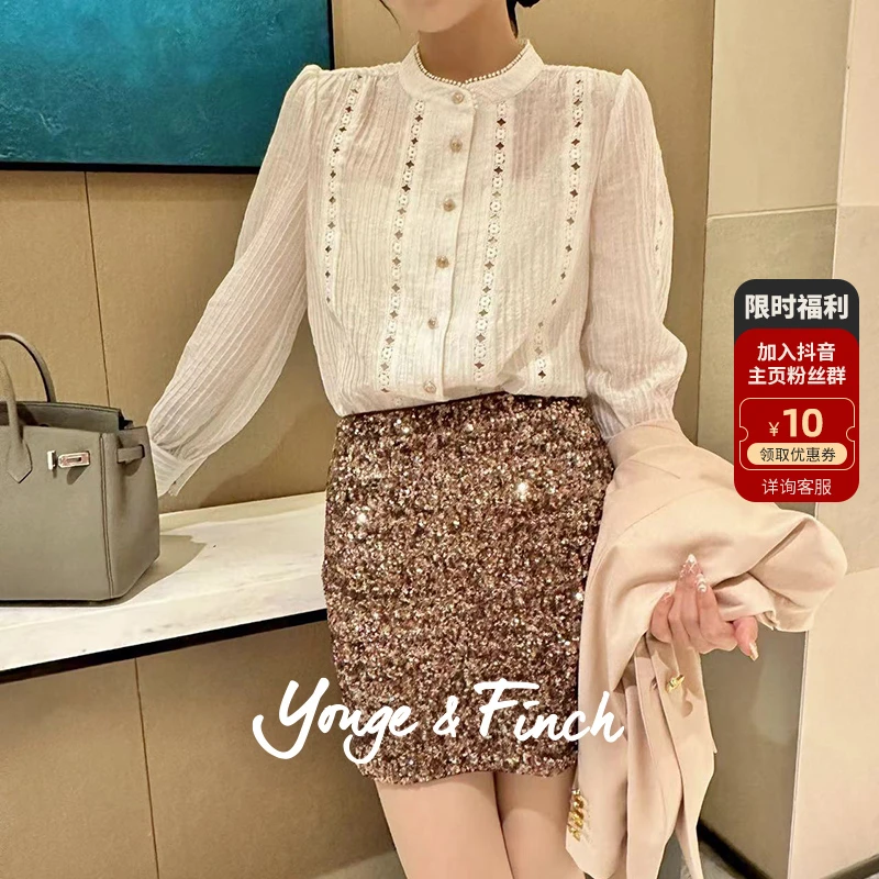 Yonge&Finch/扬芬缇2025秋季镂空感刺绣灯笼袖宽松衬衫 BRAINDY