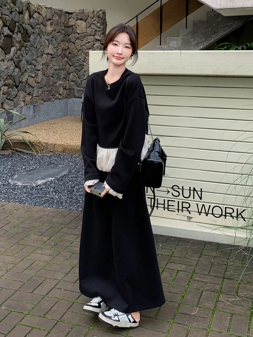 루루가−  （简单爱）韩国东大门黑白拼接卫衣套装裙2024新半身裙两件套