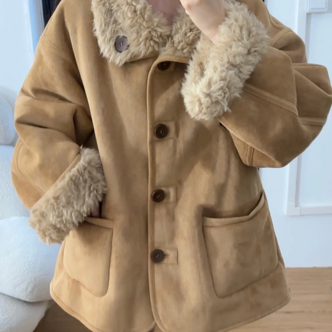 小小仟 两穿皮毛一体羊羔毛机车服秋冬宽松加厚毛毛外套女