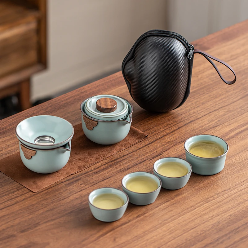 汝窑手抓壶户外旅行茶具便携式一人饮快客杯陶瓷防烫喝茶器具整套