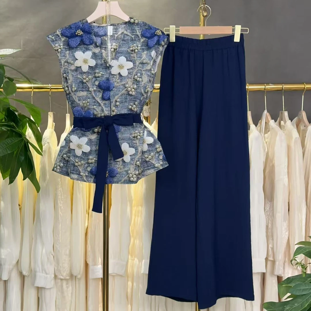 3D印花【三件套】2026夏季新款休闲减龄上衣+阔腿裤+腰带套装M502