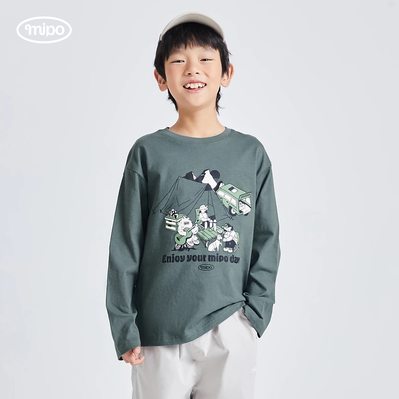 mipo SS24春装 儿童长袖T恤男童2025新款春季基础款女童打底衫潮