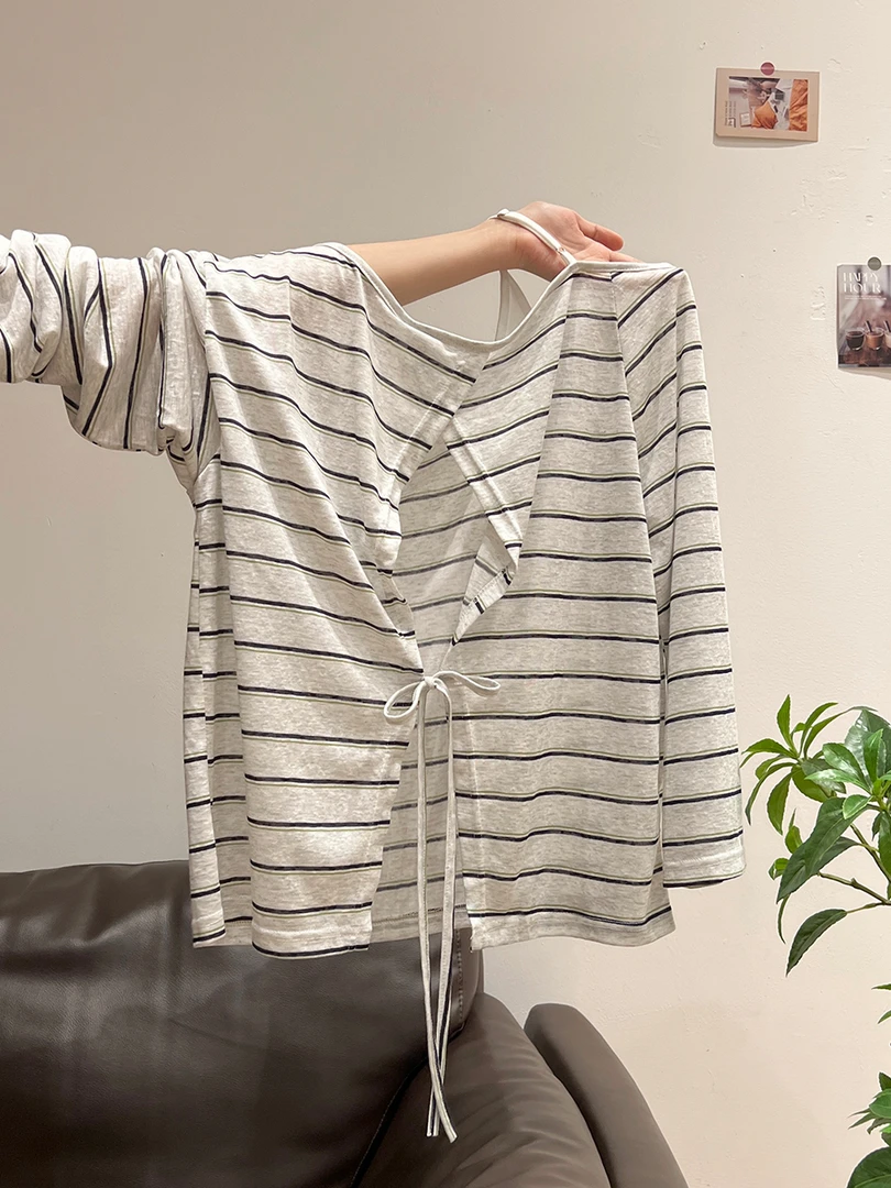 2025夏季新款美式撞色条纹防晒罩衫长袖T恤女宽松一字肩开衫上衣