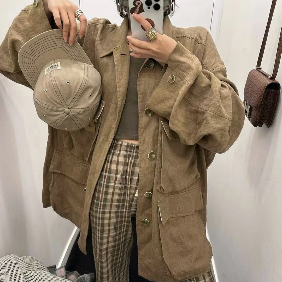 倪妮同款100%雨露汉麻长袖慵懒风外套春季秋季美拉德色防晒多口袋