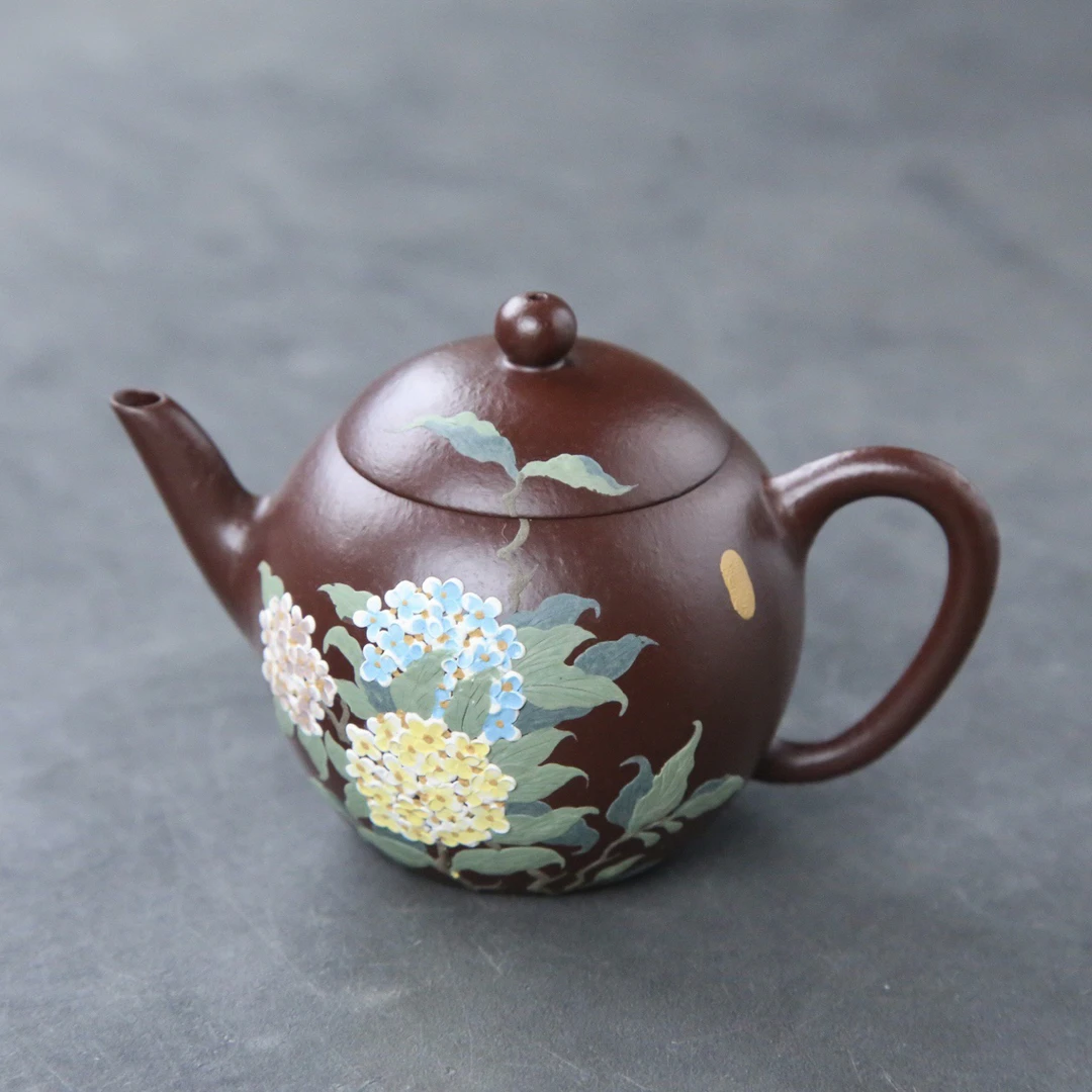 明式美人肩 紫砂壶泥绘绣球原矿紫玉袍砂  紫朱泥 容量120CC