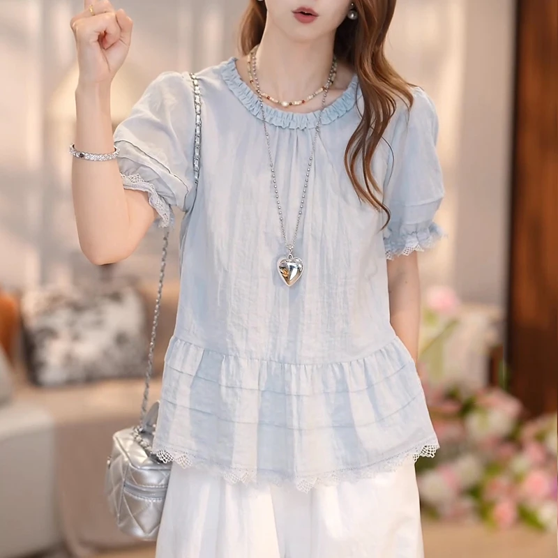 显瘦宽松时尚上衣夏季薄款胖MM大码女装高级感圆领木耳边短袖衬衫