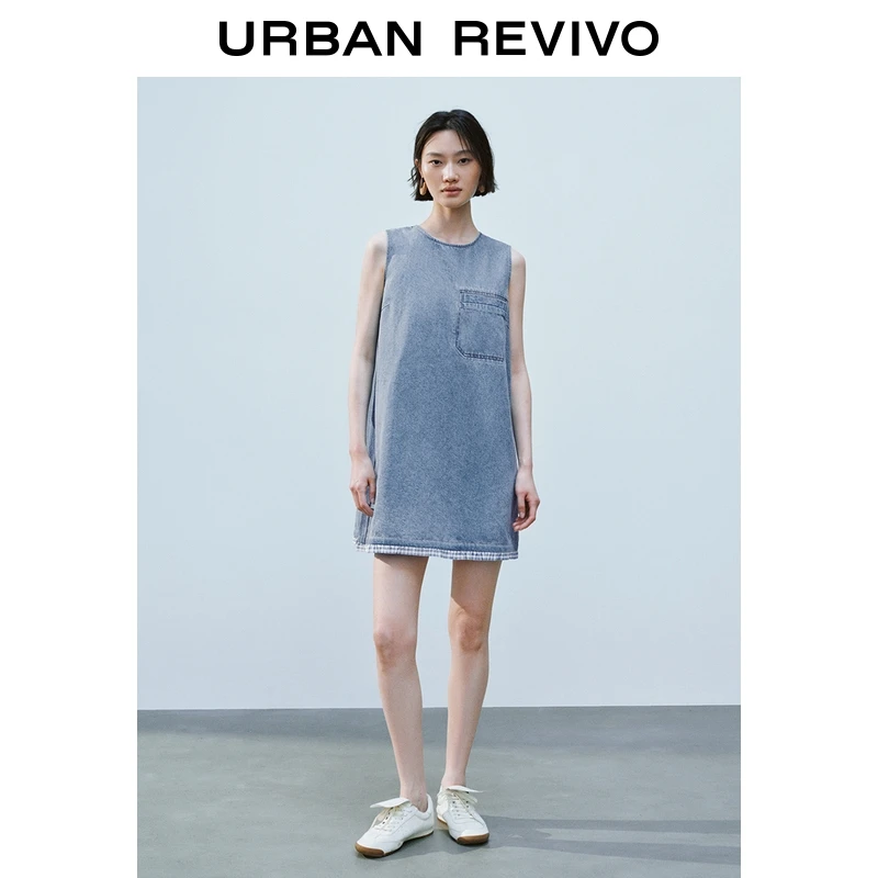 UR2025夏季新款女休闲拼接格纹蓝色无袖牛仔连衣裙UYY850160