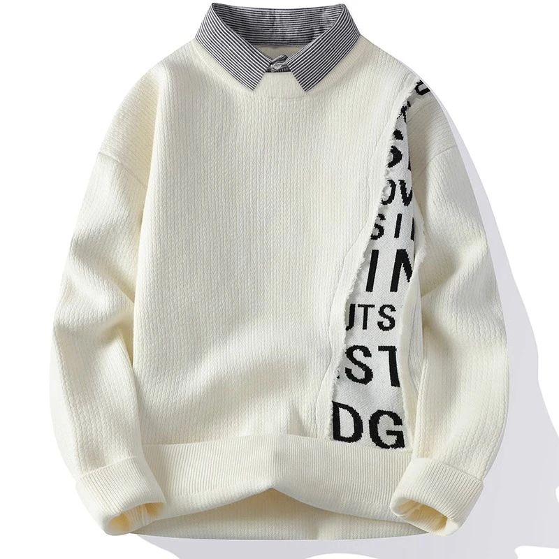 GSCebrodz冬季衬衫领假两件男士潮流保暖套头带领毛衣男针织衫外