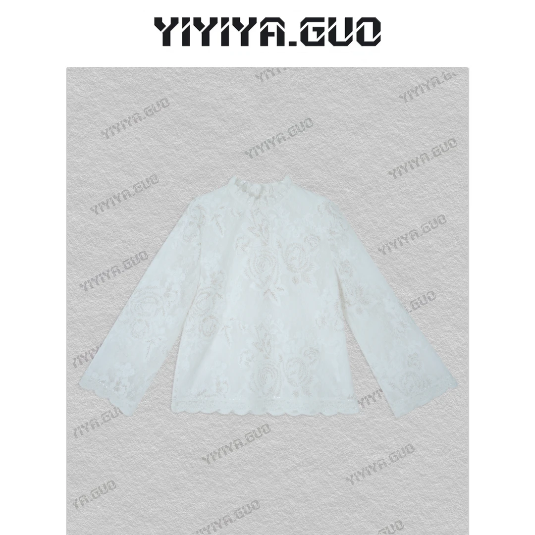 yiyiya.Guo艺艺吖【香氛之梦】蕾丝花边提花圆领长袖上衣25SS0382