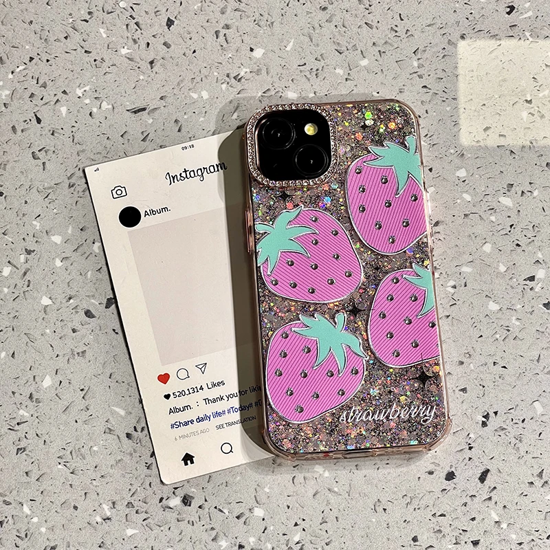 适用苹果16promax手机壳iphone15少女心亮片闪钻粉草莓小众女硅胶