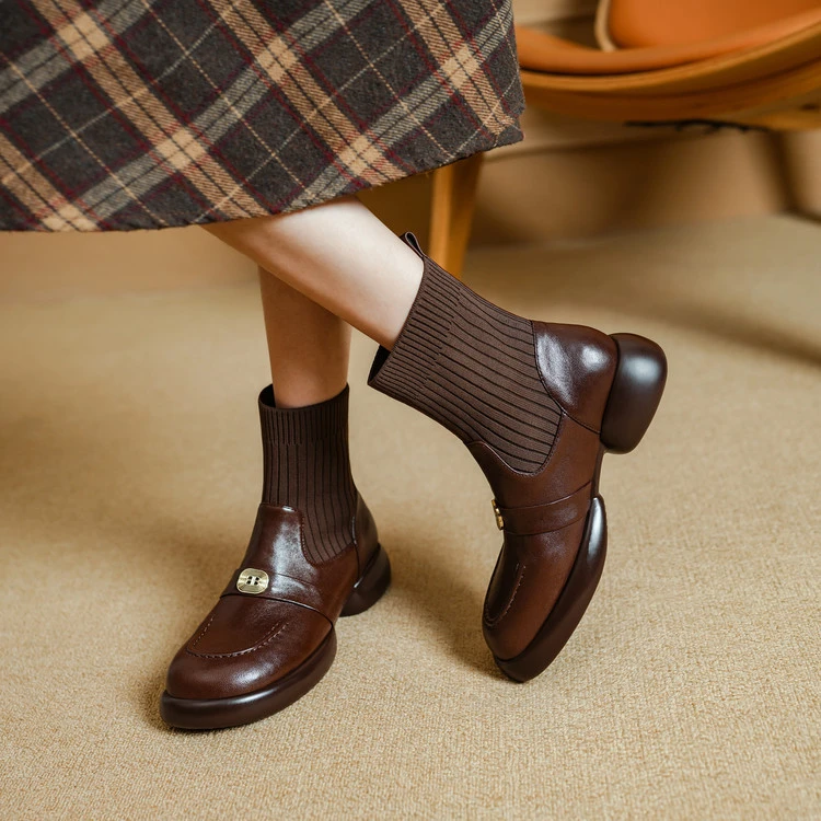 法式复古羊皮厚底弹力针织袜靴女2025秋冬新款中跟圆头瘦瘦短靴女