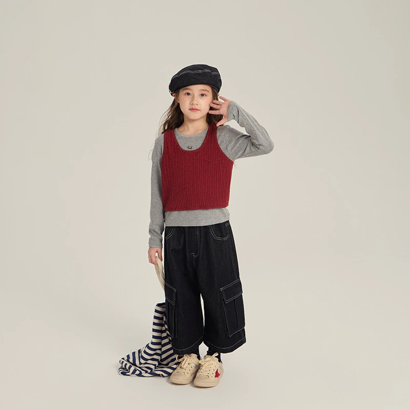 【秋季新品】儿童正肩背心叠穿上衣女童韩系长袖+背心两件套25F178