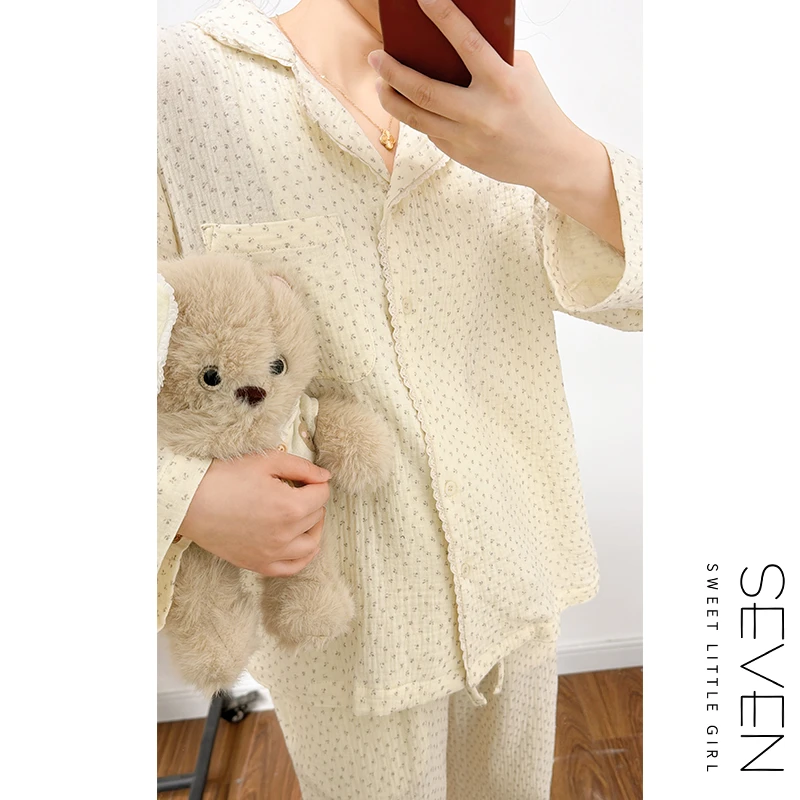 ③七七146小个子可爱波点碎花100%纯棉纱布睡衣套装女家居服小美说