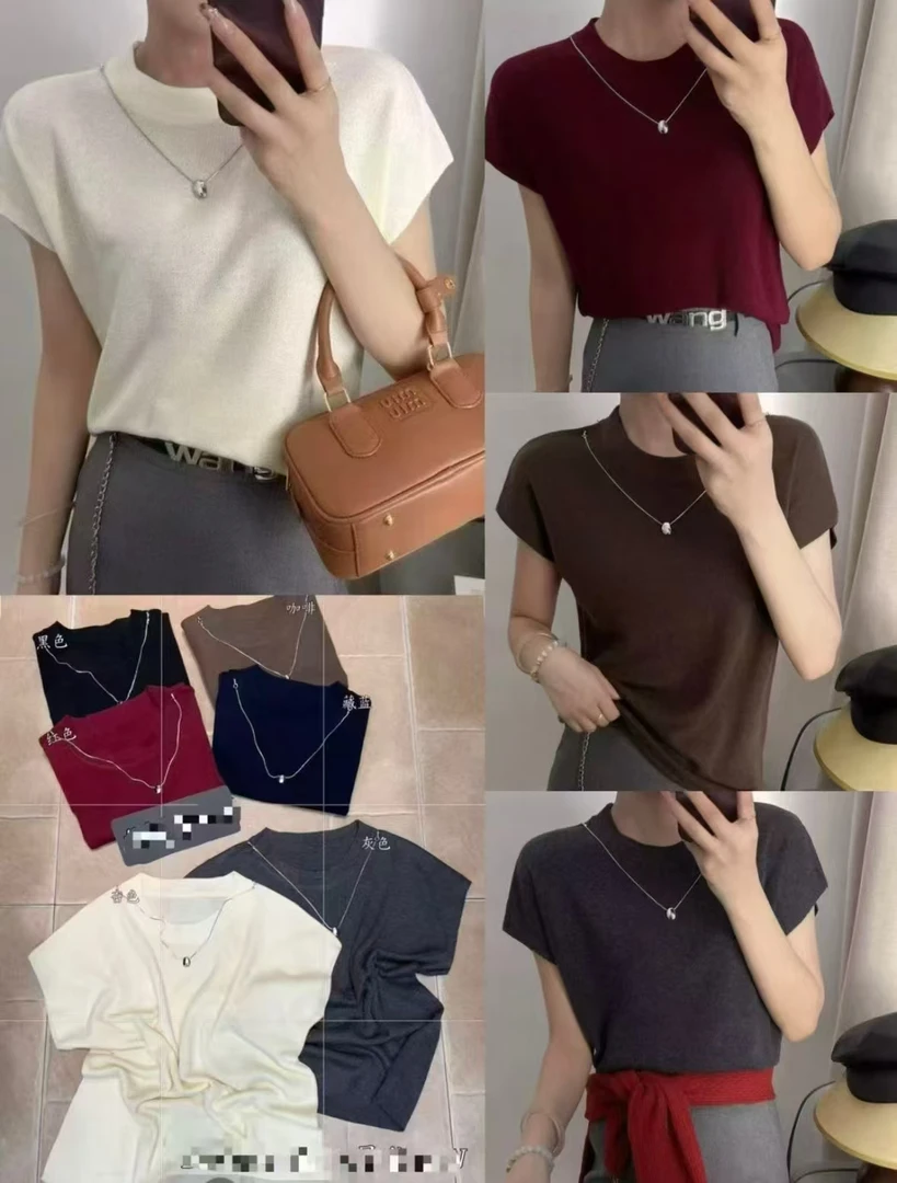 滨莉家 早秋法式圆领小飞袖百搭针织衫