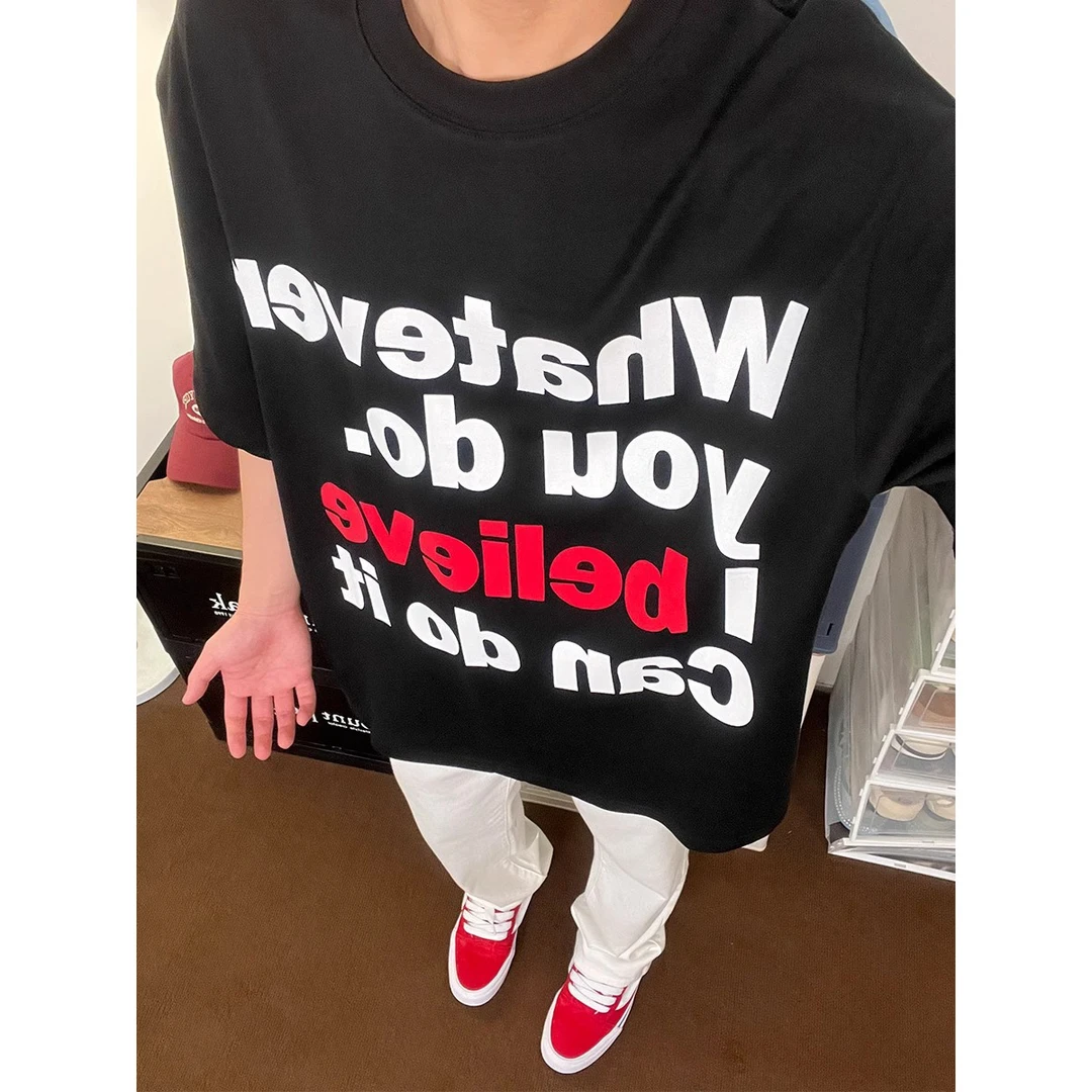 100%纯棉280克重磅美式字母印花短袖宽松显瘦设计感T恤休闲t恤