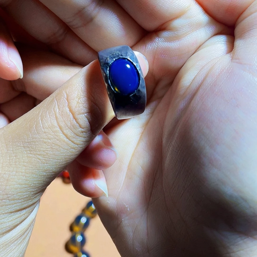 银S925镶嵌蓝珀裸石多米尼加皇家蓝净水戒指