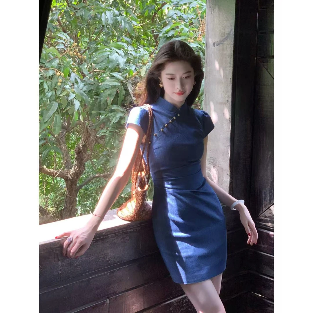 新中式洗水牛仔改良旗袍女连衣裙夏季收腰显瘦气质短裙子2025新款