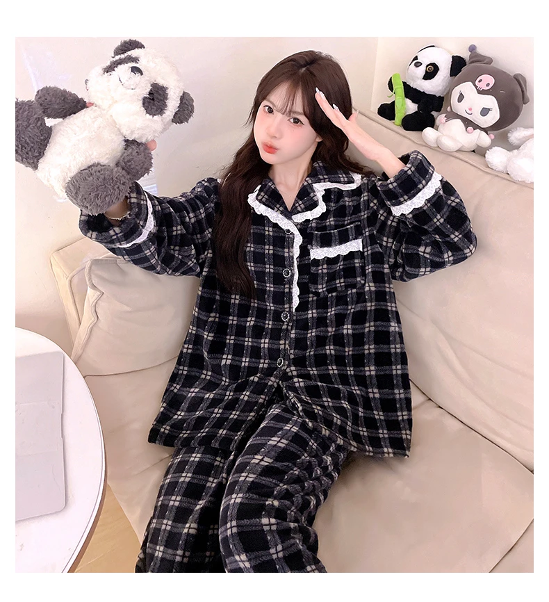 2025年秋冬季爆款黑色格纹长袖可外穿睡衣舒适保暖加厚套装家居服