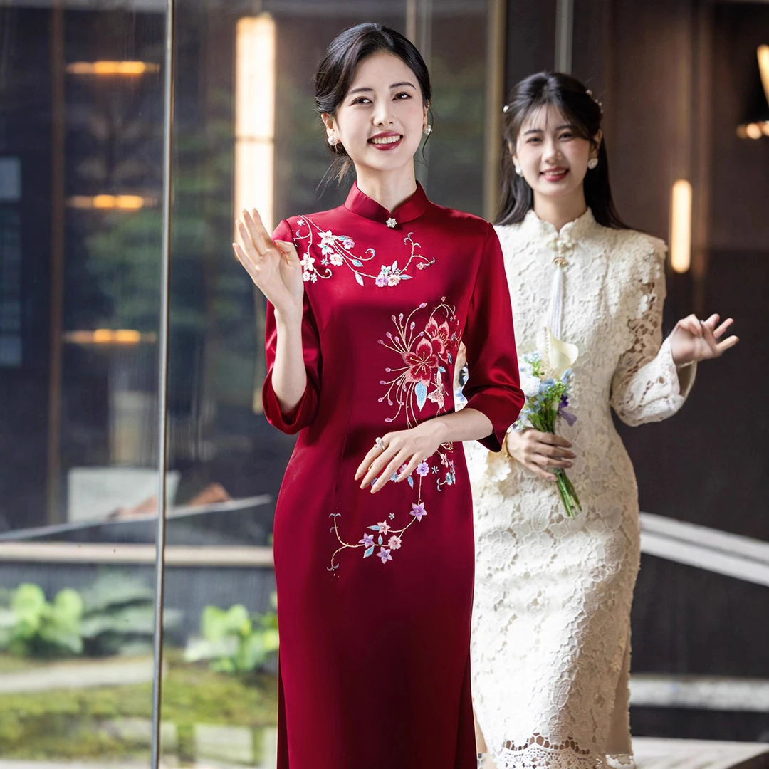 高端苏绣喜妈妈婚礼旗袍醋酸复古刺绣结婚喜婆婆敬酒服礼服长款