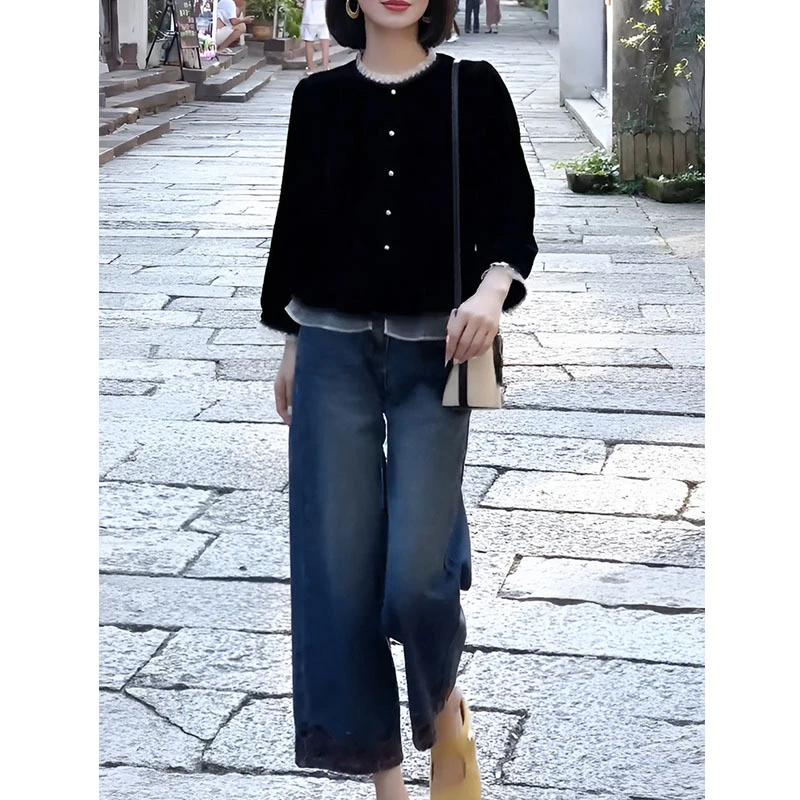 高级感时尚洋气减龄网纱拼接衬衫上衣春秋新款气质百搭牛仔裤套装