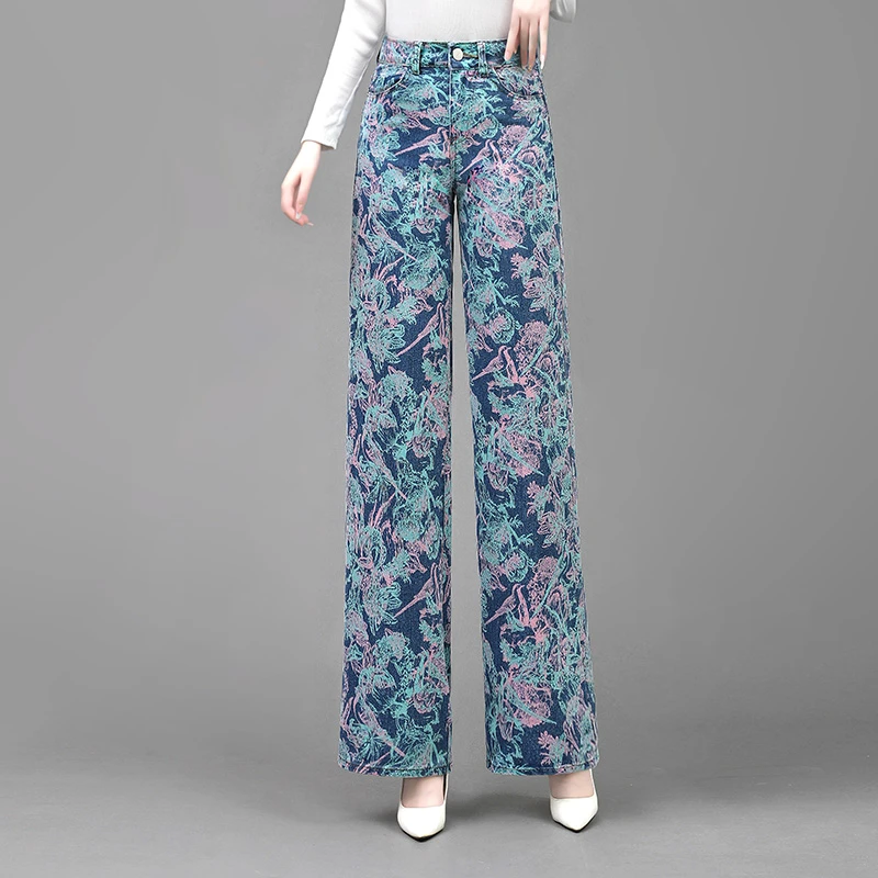 减龄时尚印花阔腿牛仔裤女2025春秋新款高腰妈妈裤子宽松显瘦长裤