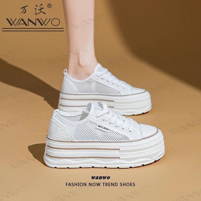 WANWO/万沃透气网面鞋女增高5CM小白鞋夏季厚底鞋百塔鞋
