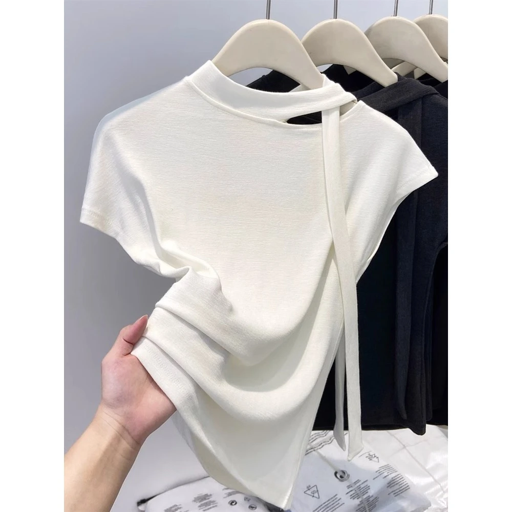 挂脖飘带镂空圆领露锁骨正肩上衣2025夏季新款修身显瘦短袖T恤女