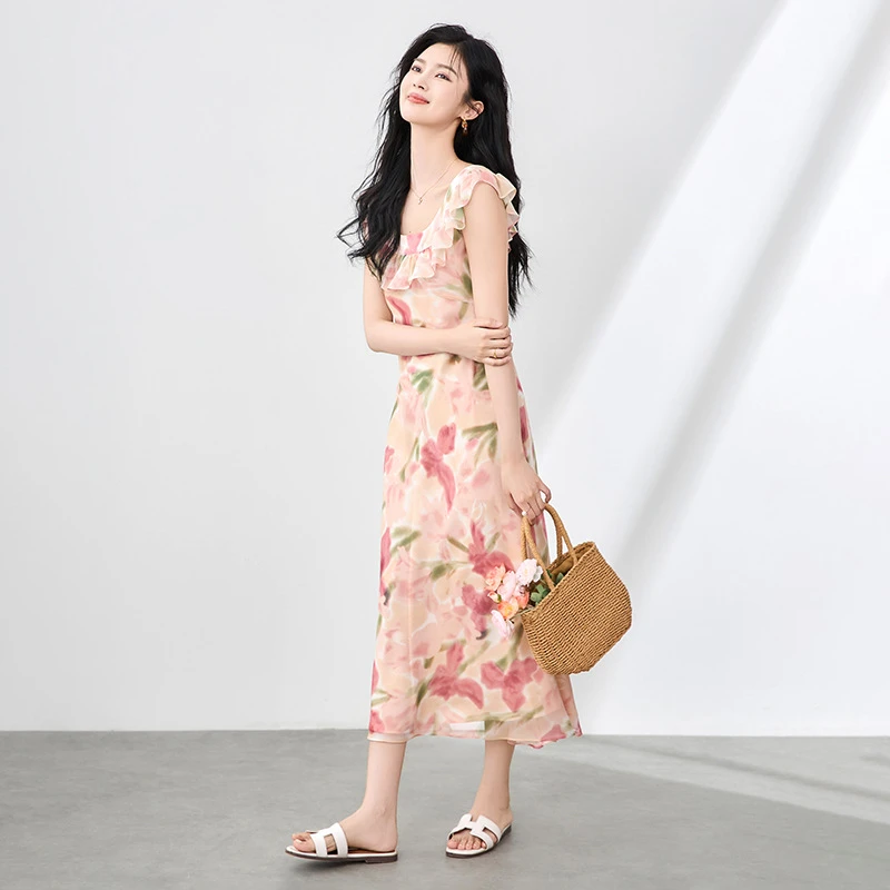 夏季新款优雅气质修身度假风荷叶边长裙夏法式独特别致连衣裙