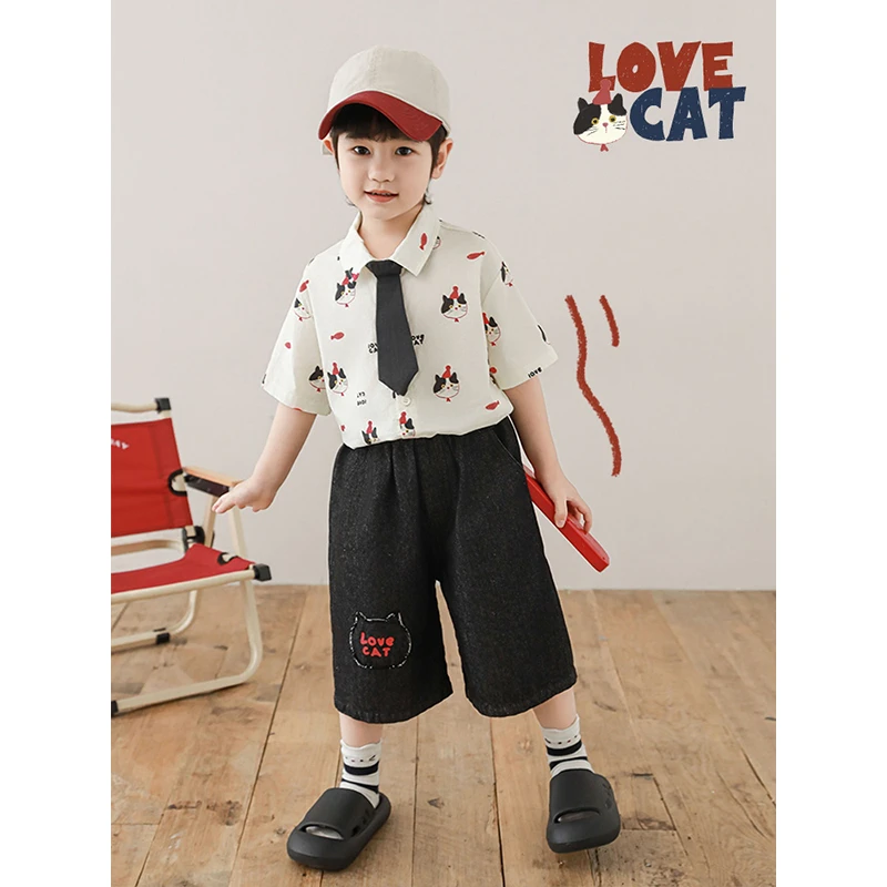 YOEHYAUL/幼悠夏伍波【动感条纹】 毛边贴布绣夏日喵招衬衫N6101