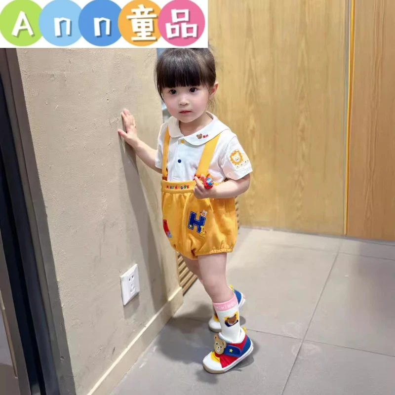 miki 海军熊田鸡裤 2025春夏新款男女童宝宝全棉背带短裤