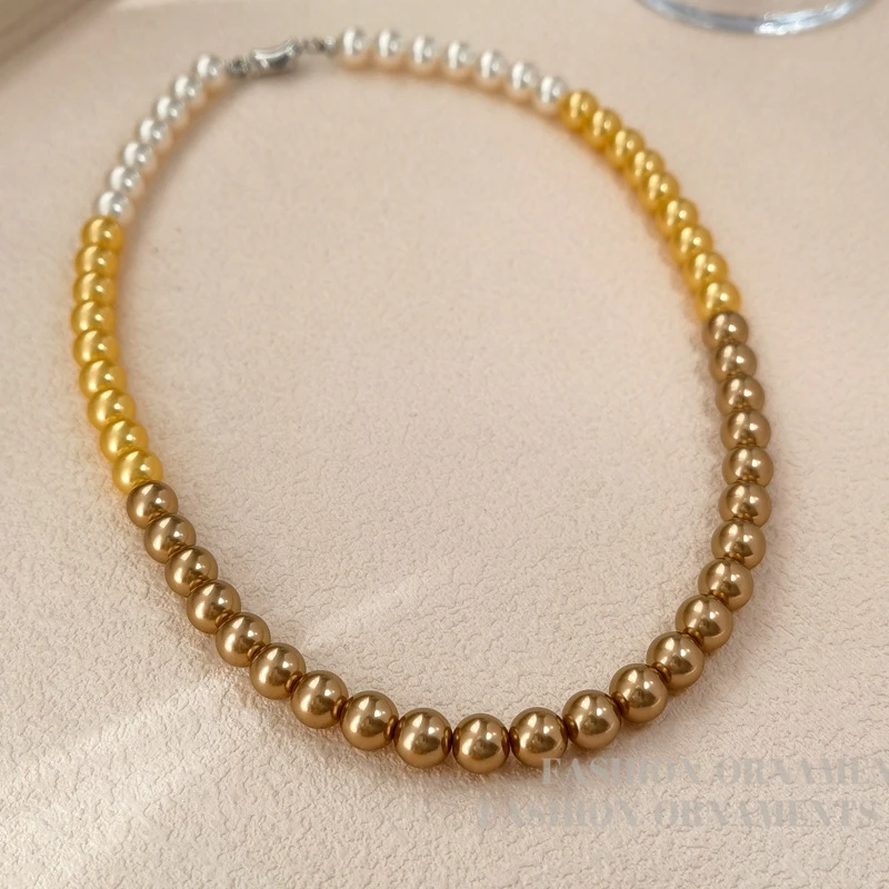 铜合金项链 铜合金渐变色设计仿珍珠法式复古风项链