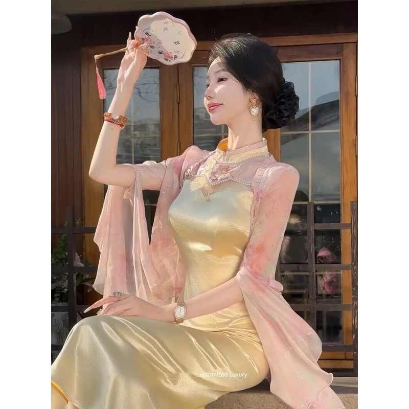 新中式国风套装女夏季改良旗袍重工绣花醋酸连衣裙雪纺外披两件套