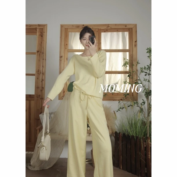 MOMING 早秋新品 薄荷糖 简约松弛感宽松针织衫高腰休闲裤套装