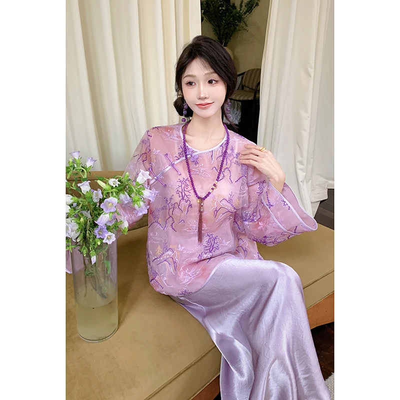 果果家 新中式斜襟圆领薄款上衣2025春季女装刺绣提花设计感上衣