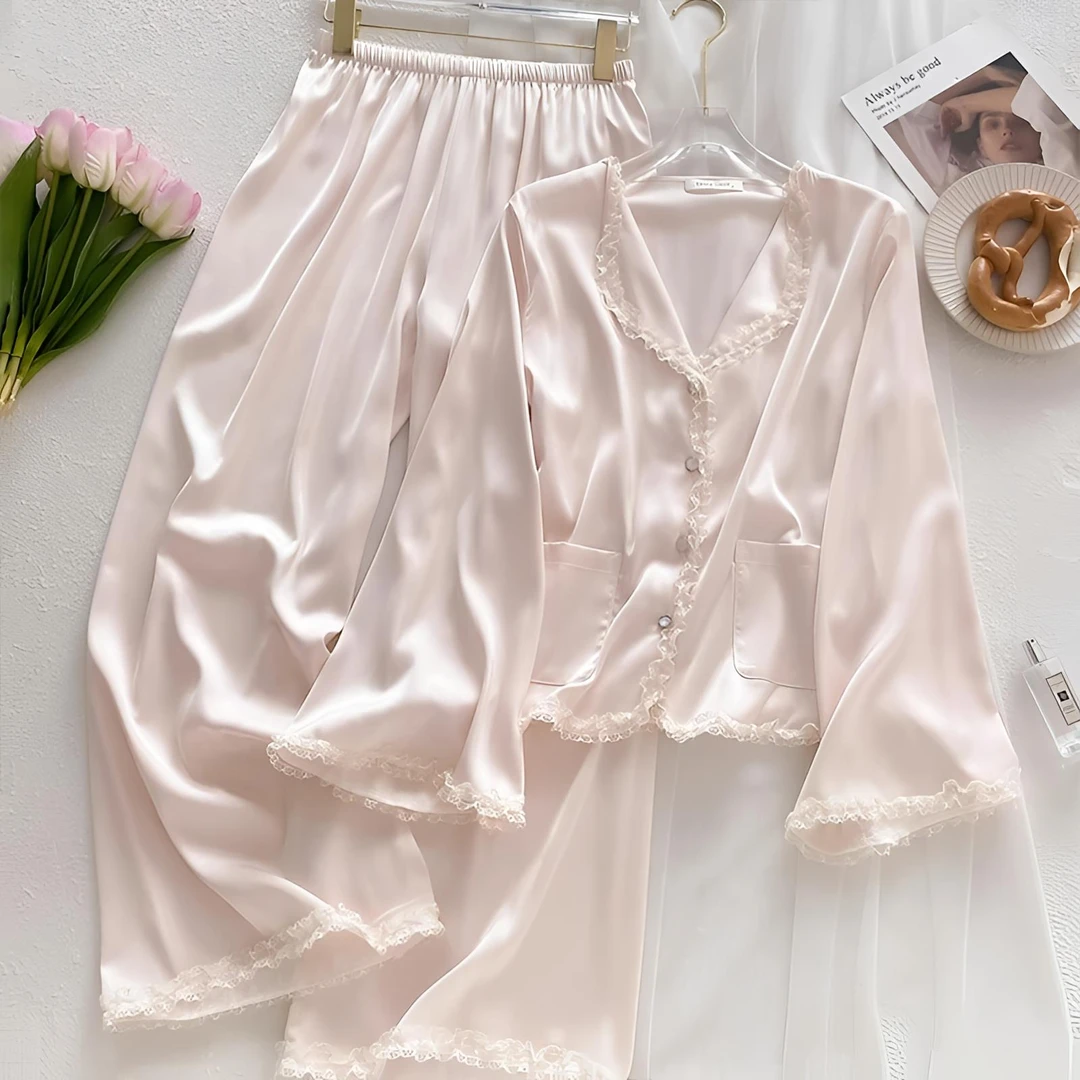 甜美法式宫廷风冰丝绸缎睡衣女春秋长袖薄款蕾丝高级感家居服套装