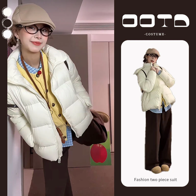 冬季一整套女装2024新款韩版连帽短款棉服外套高腰阔腿裤两件套装