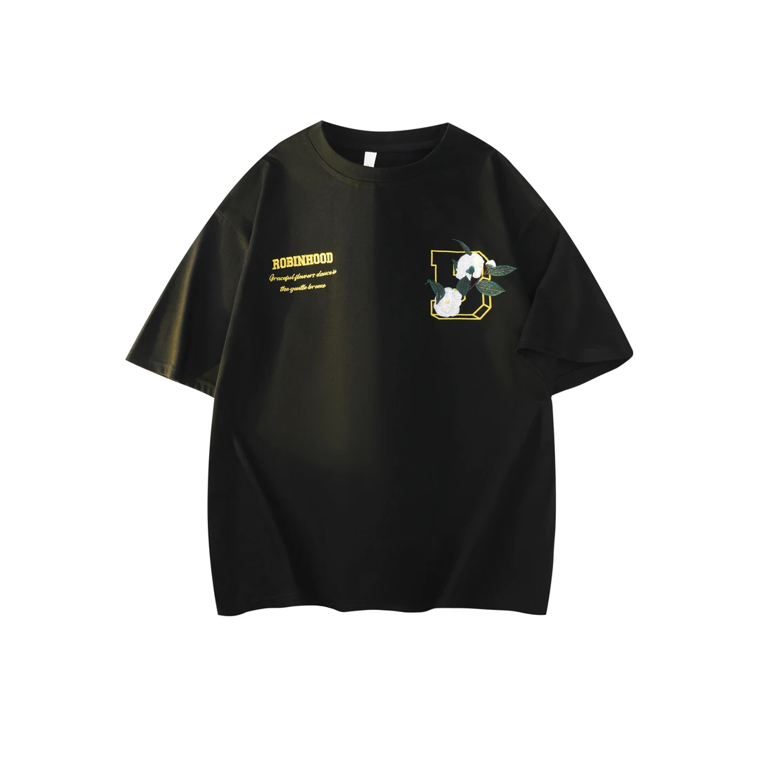 山茶花刺绣T恤短袖男款夏季潮流美式复古欧美cleanfit宽松五分袖