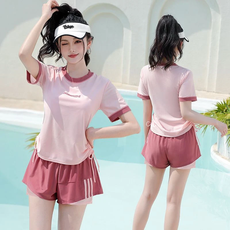 大码泳衣女游泳馆专用胖mm分体遮肚短袖两件套200斤泳装速干运动