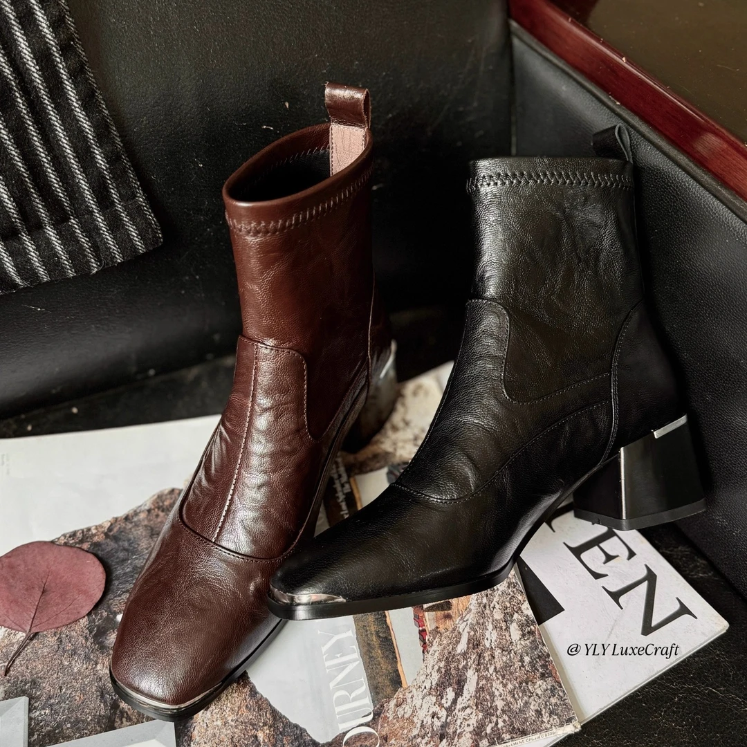 2635-5509新款2025秋冬季短靴女粗高跟真皮方头一脚蹬短靴袜靴