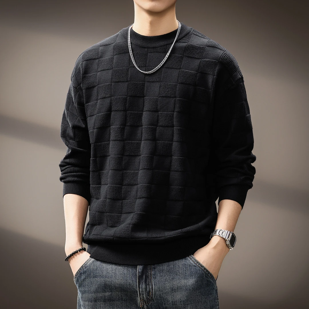 高端潮流立领黑色格纹圆领针织衫男秋冬新款休闲宽松百搭重磅毛衣