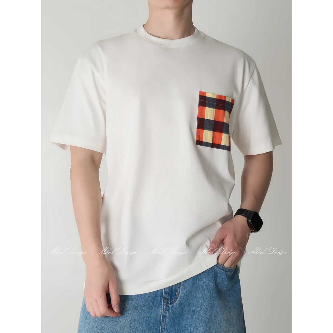 MBNL-F「格子彩色口袋」秦磊男装高克重纯棉圆领短袖T恤LL-SSY1016