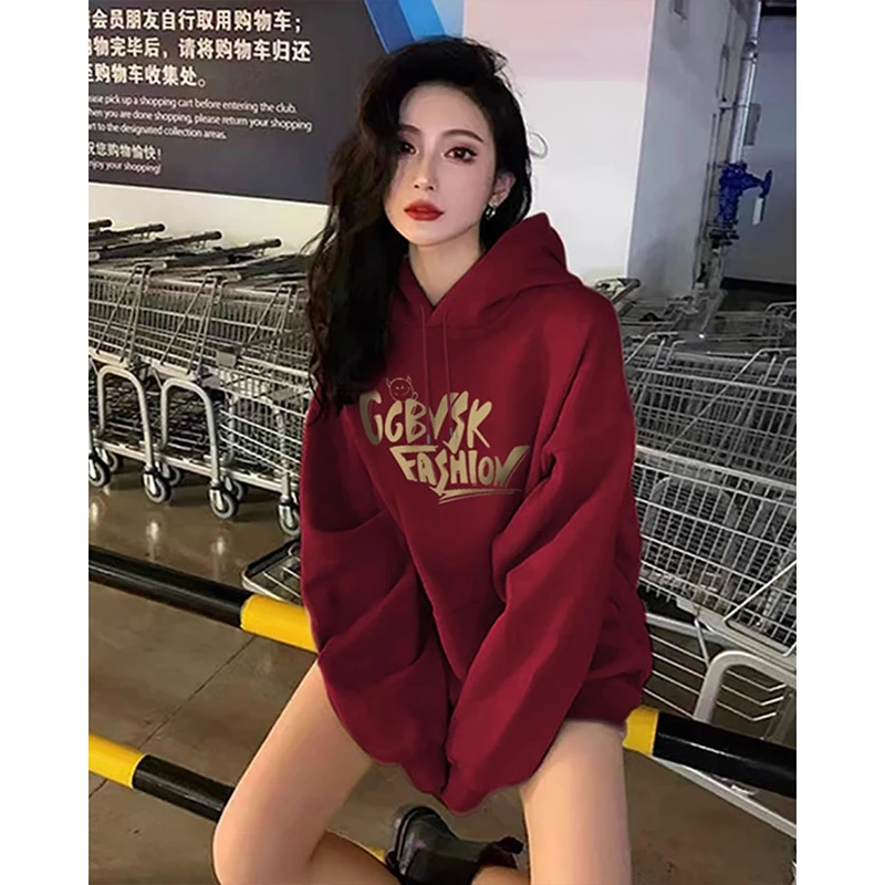 酒红色美式连帽加绒加厚卫衣女冬季2025中长款今年流行的漂亮外套