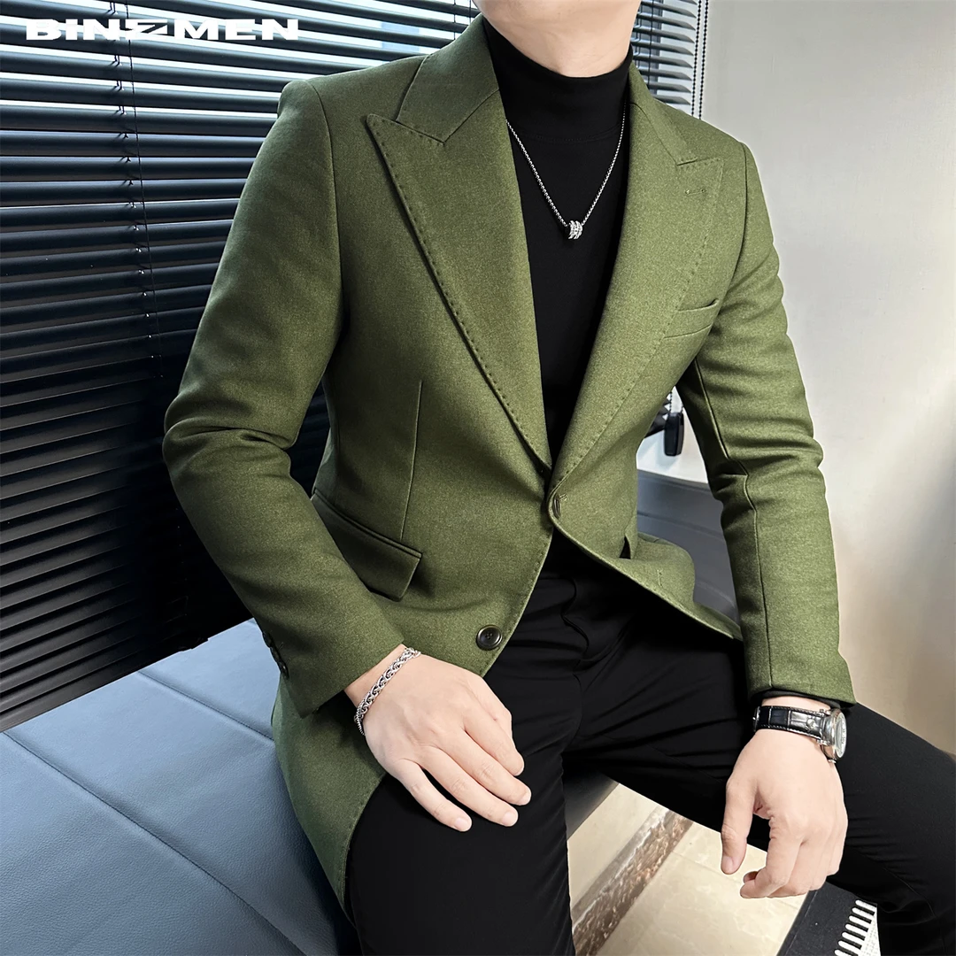 秋冬西装戗驳领大衣男款高级感韩版时尚保暖西装中长款毛呢外套男