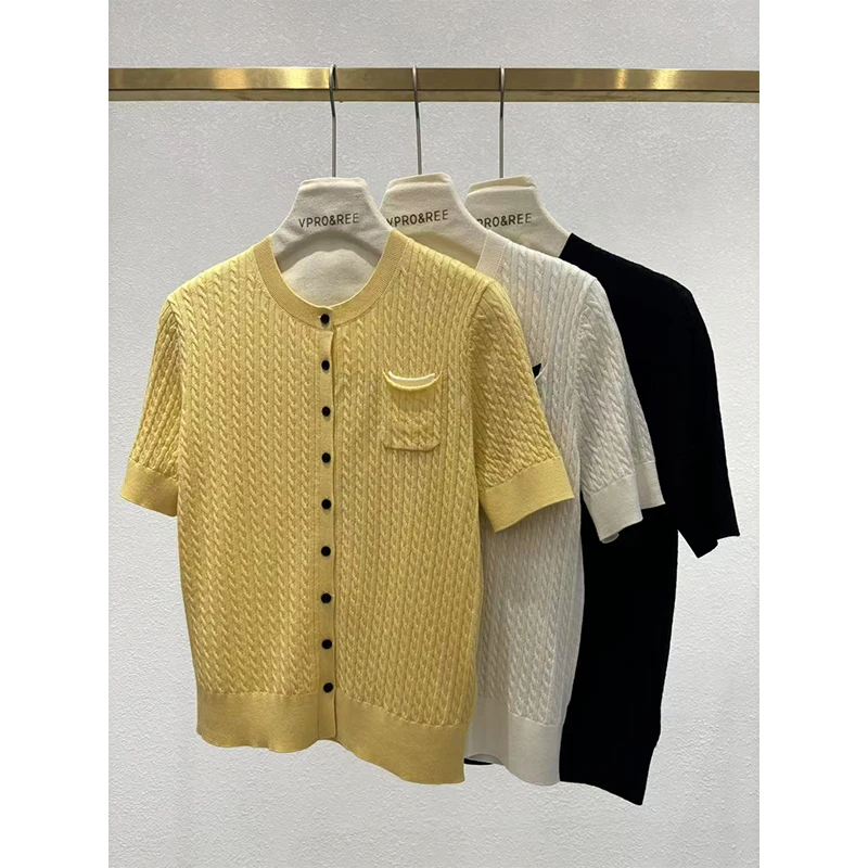 透气绞花短袖针织开衫7009