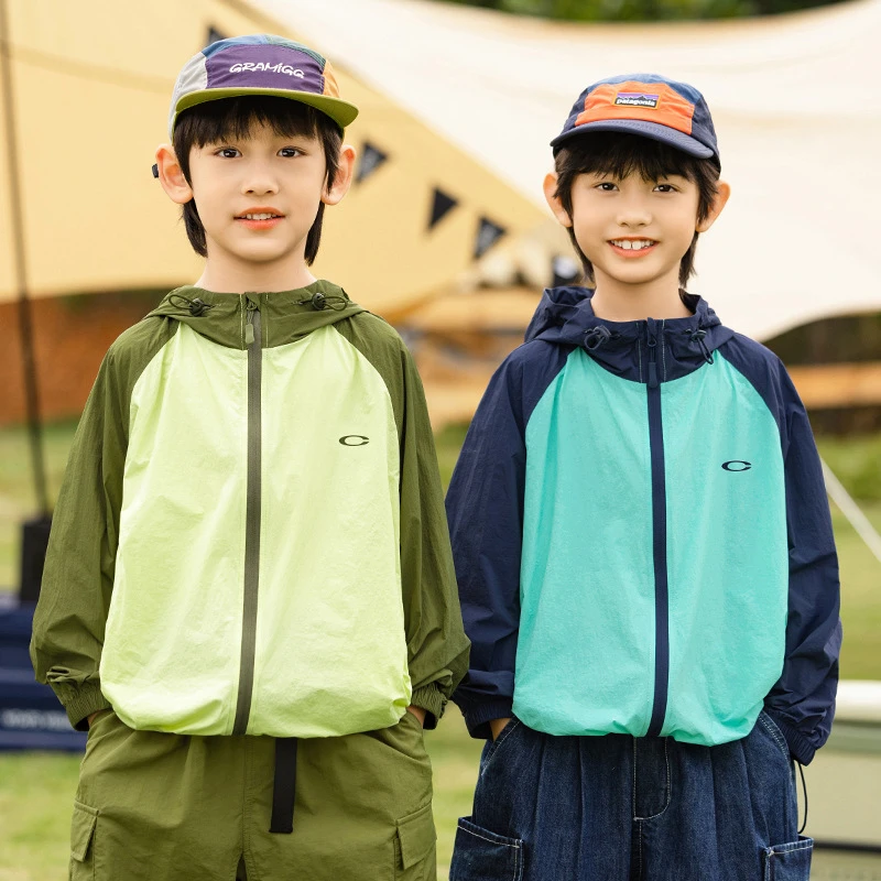 防晒防水 EK童装男童25夏季撞色拼色连帽休闲中大童防晒衣外套潮