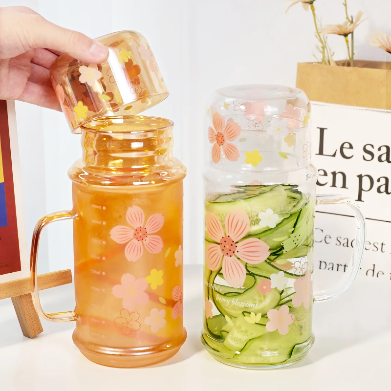 ins新款1L大容量一人饮高硼硅玻璃水壶家用杯子一盖多用玻璃水杯