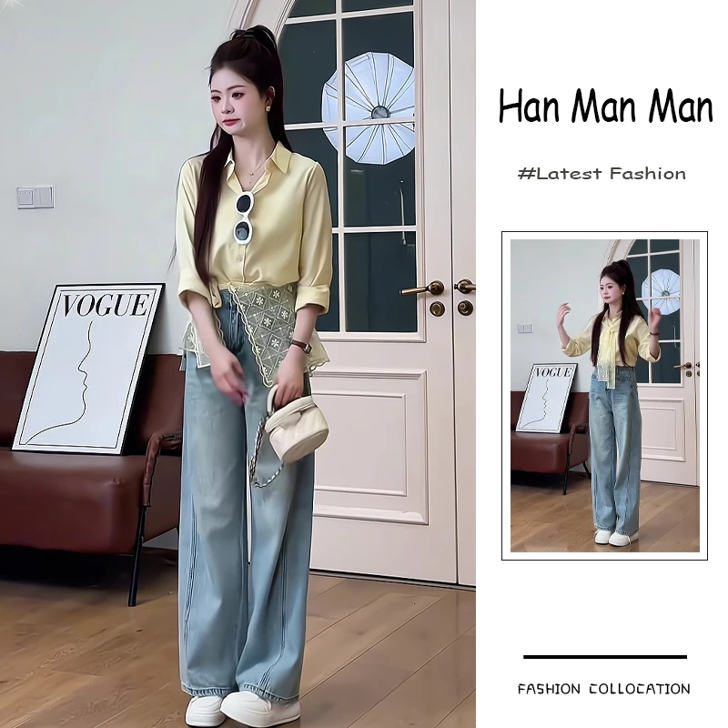 春季流行穿搭一整套新款2025韩范时尚风衬衫蕾丝披肩牛仔裤三件套